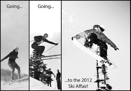 2012 Ski Affair postcard with two vintage ski jumping photographs of a man and a woman and one modern photograph of a snowboarder