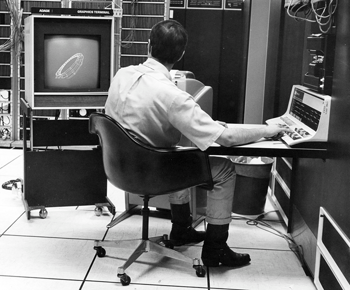 A unknown researcher creating computer graphics at the University of Utah. (c. 1970) 