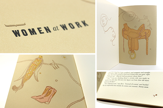 An illustrated book page titled "Women at Work" featuring drawings of cowboy boots, corn, and a saddle on a beige background.