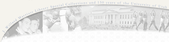 A collage celebrating the University of Utah's 150th anniversary, featuring historical images from sports and the campus library.