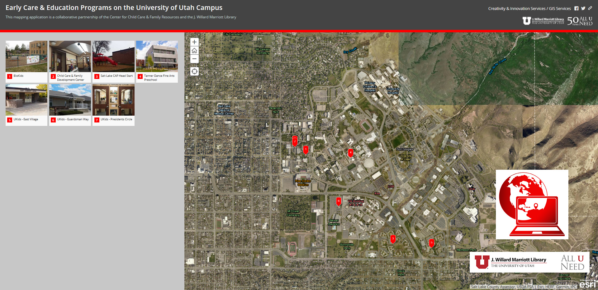 Early Care & Education Programs on the University of Utah Campus: A map identifying and visualizing early care & education program locations across campus.