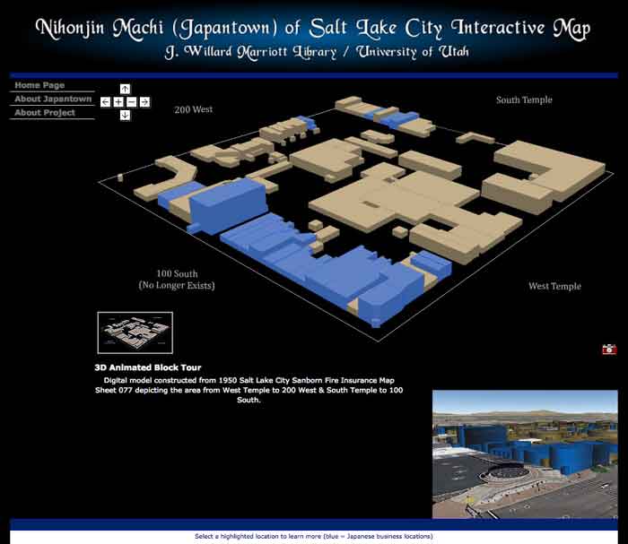 Nihonjin Machi (Japantown) of Salt Lake City: An interactive mapping application of photographs and 3D reconstructed buildings representing the area of Japantown.