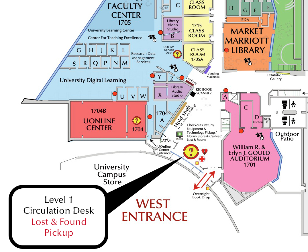 Lost and Found desk is located on Level 1 at the Information desk just to the left of the entrance