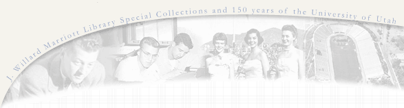 A historic image showcasing individuals engaged in research at the J. Willard Marriott Library, celebrating 150 years of the University of Utah.