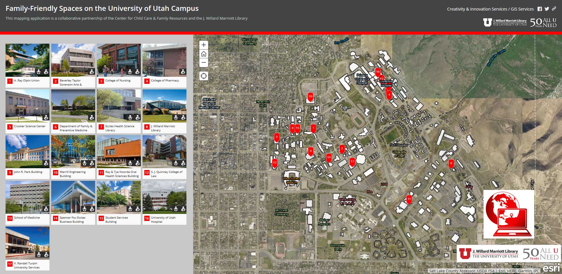 Family-Friendly Spaces of the University of Utah Campus: An interactive map for identifying and visualizing family-friendly space locations across campus.