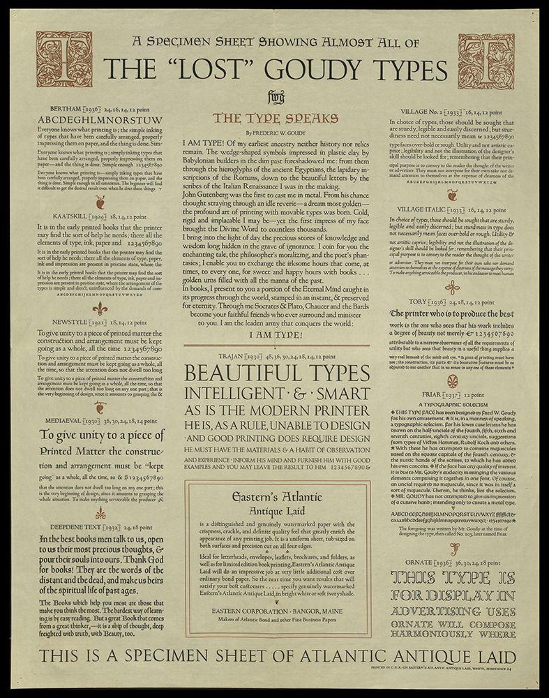 Specimen sheet showing almost all "lost" Goudy type