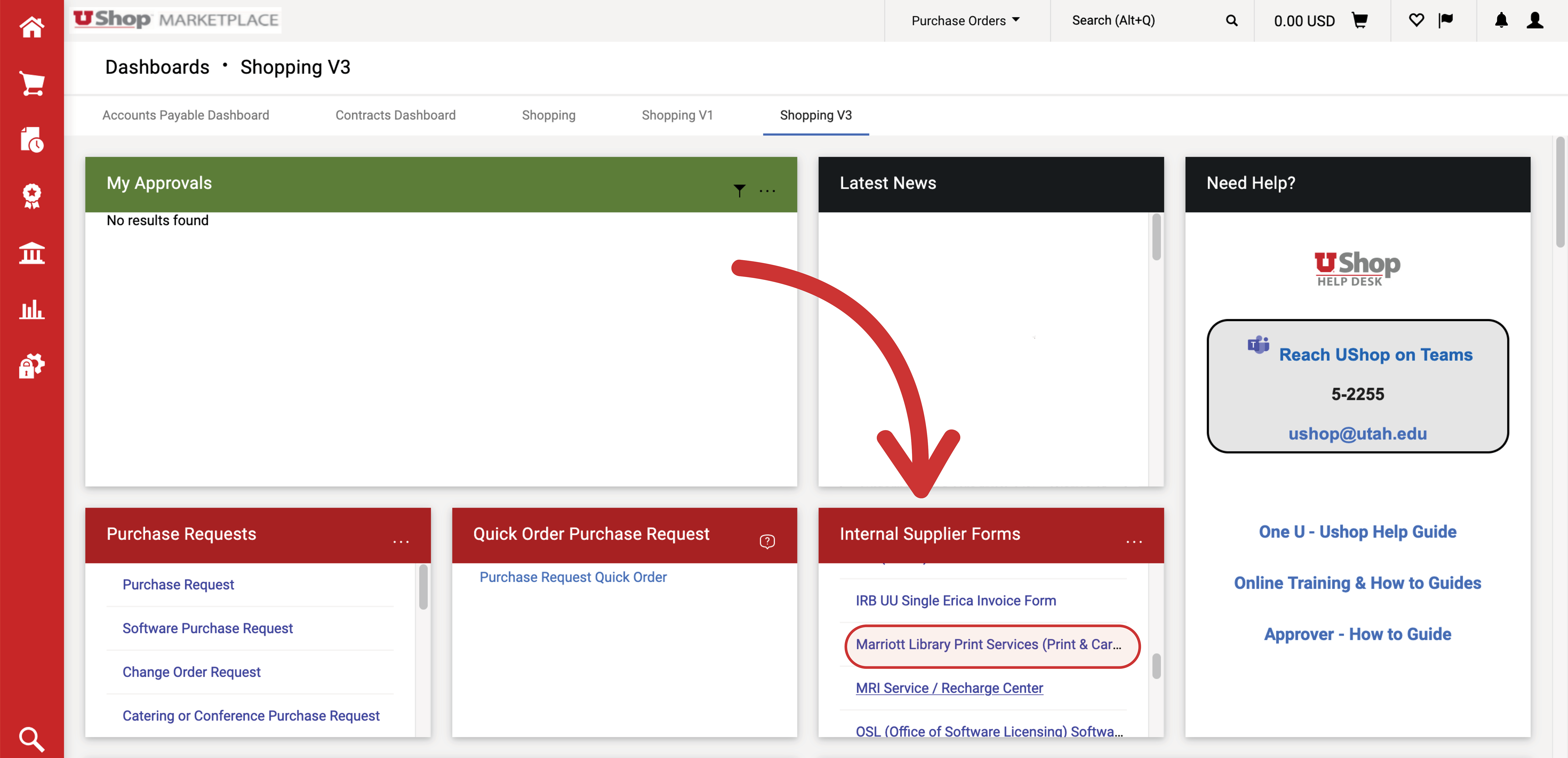 A screen shot of the internal supplier forms located within UShop