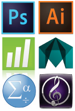 Icons for Photoshop, Illustrator, Minitab, Maya, SPSS, and Sibelius