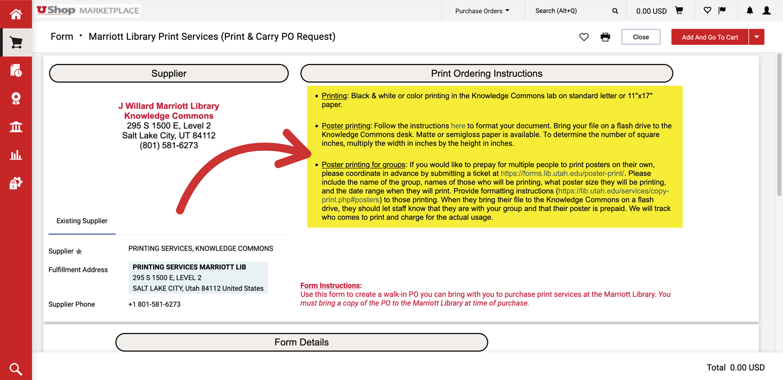 A screen shot of the shopper dashboard that has the instructions for regular printing, poster printing, and poster printing for groups. It also says to bring a printed copy of the purchas order when you pick up the print.