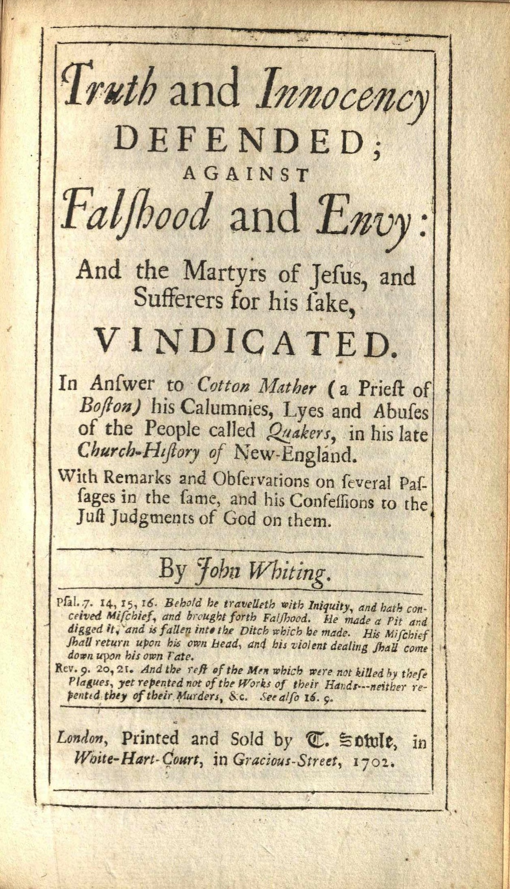 Whiting, Truth and innocency defended, 1702
