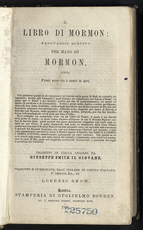 Il libro di Mormon, First Edition Book of Mormon in Italian, 1852