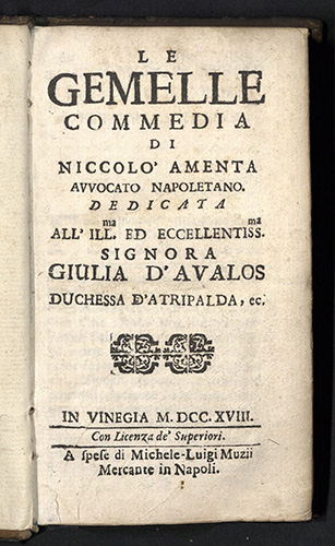 Niccolo Amenta, Le gemelle commedia, 1718