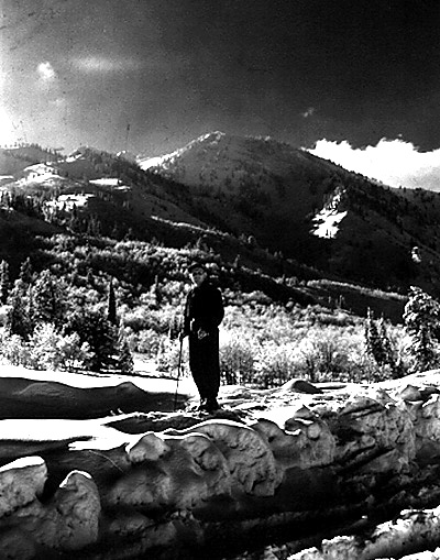A hiker stands on snow-covered terrain, surrounded by mountains and forest under a dramatic sky, capturing the beauty of winter landscape.