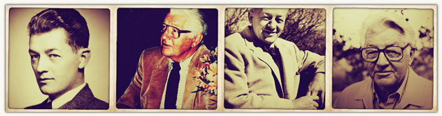 Four vintage portraits featuring Wallace in various attire, showcasing a blend of classic and casual styles, framed artistically.