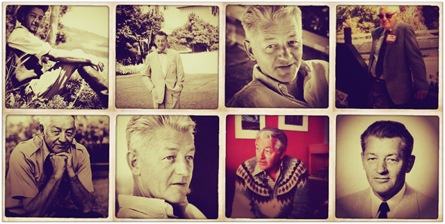 A collage of eight vintage-style portraits featuring Wallace in various poses and settings, showcasing classic fashion and diverse expressions.